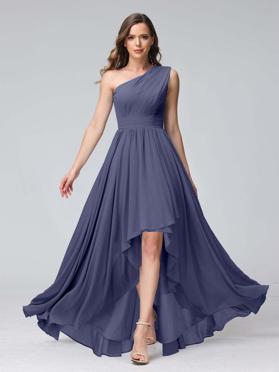 One-Shoulder Asymmetrical A-Line Princess Bridesmaid Dresses with Pockets, Sleeveless