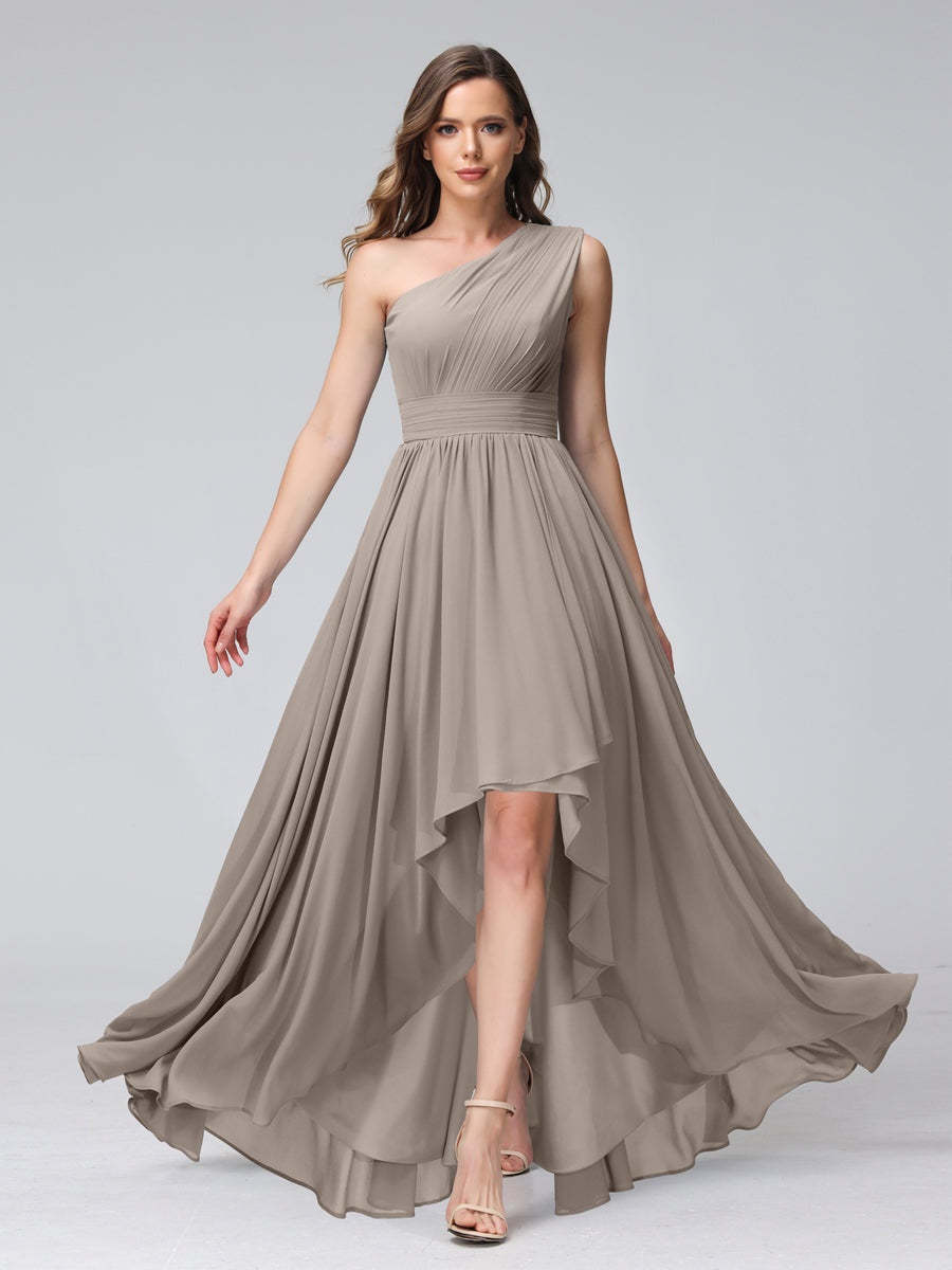 One-Shoulder Asymmetrical A-Line Princess Bridesmaid Dresses with Pockets, Sleeveless