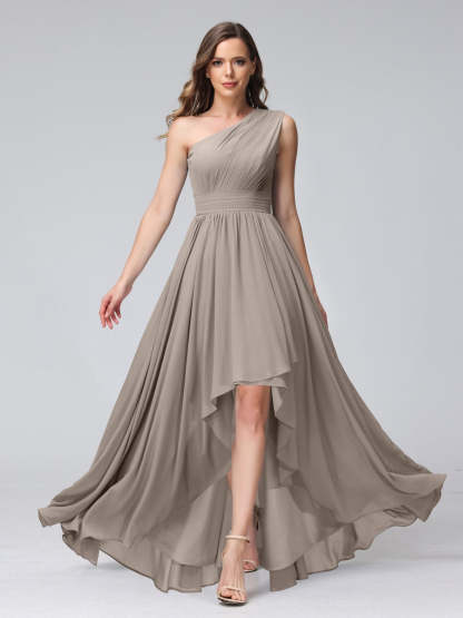 One-Shoulder Asymmetrical A-Line Princess Bridesmaid Dresses with Pockets, Sleeveless