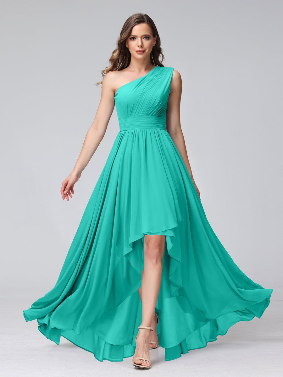 One-Shoulder Asymmetrical A-Line Princess Bridesmaid Dresses with Pockets, Sleeveless
