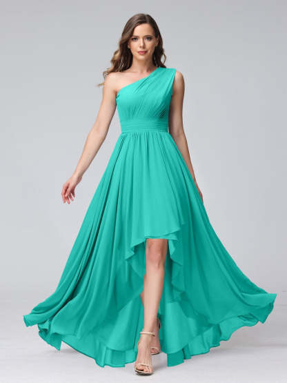 One-Shoulder Asymmetrical A-Line Princess Bridesmaid Dresses with Pockets, Sleeveless