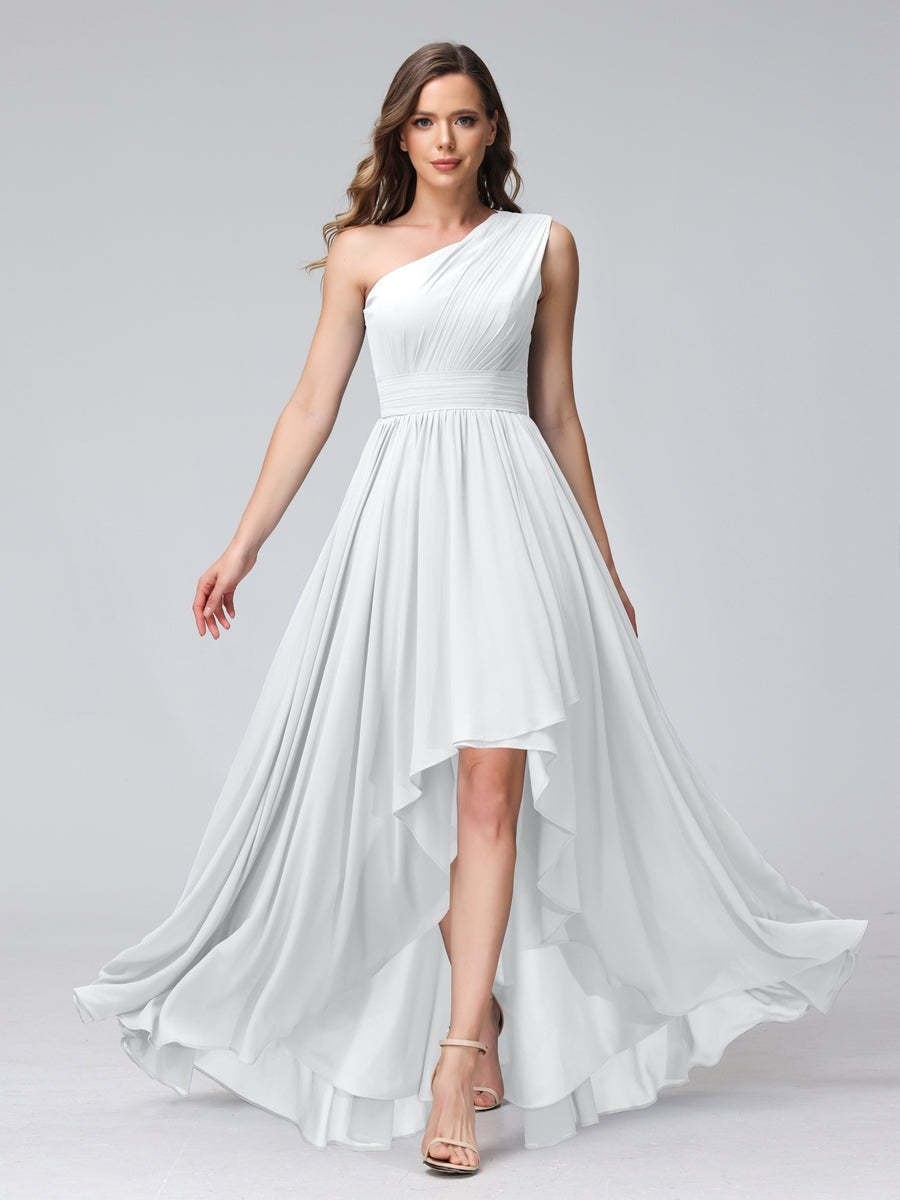 One-Shoulder Asymmetrical A-Line Princess Bridesmaid Dresses with Pockets, Sleeveless