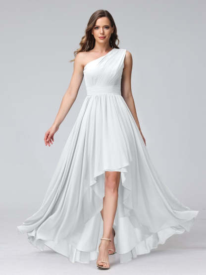 One-Shoulder Asymmetrical A-Line Princess Bridesmaid Dresses with Pockets, Sleeveless