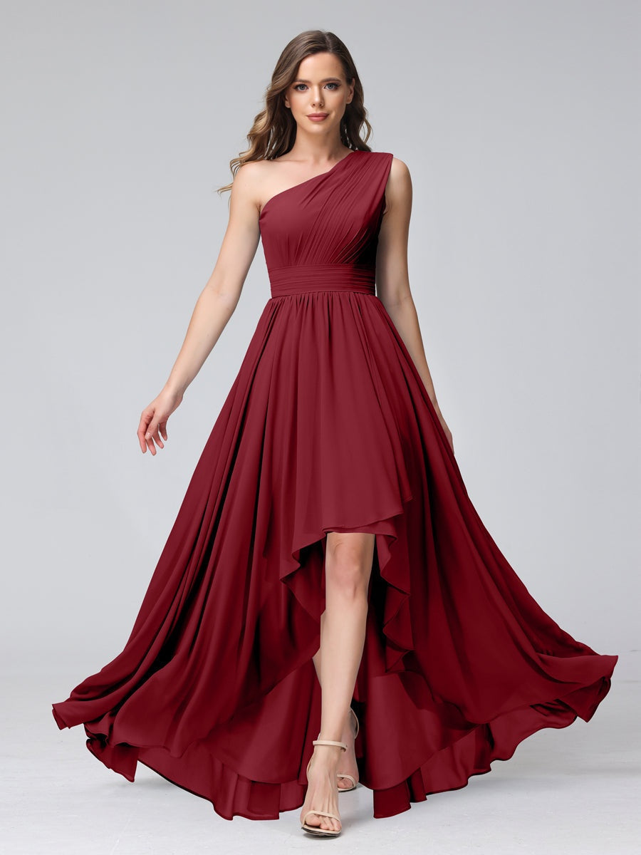 One-Shoulder Asymmetrical A-Line Princess Bridesmaid Dresses with Pockets, Sleeveless