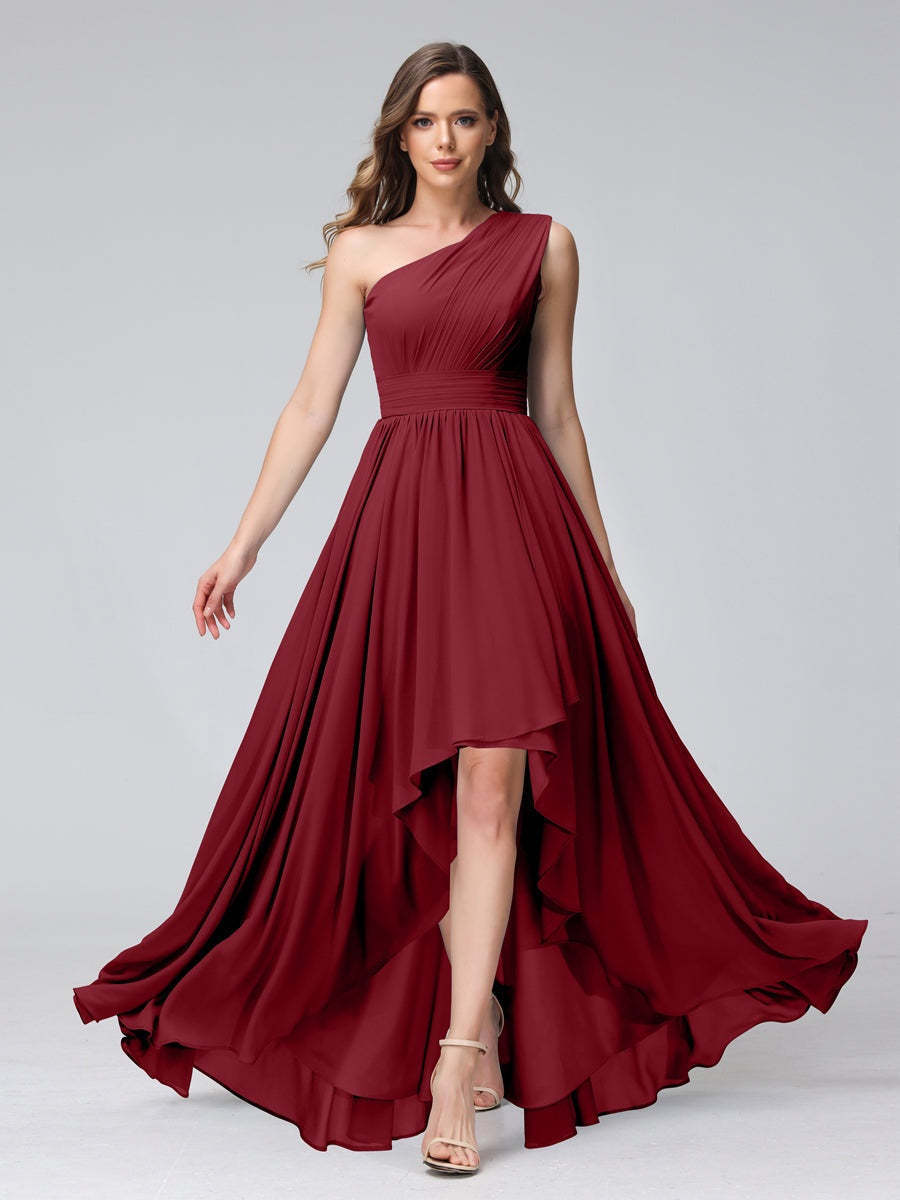 One-Shoulder Asymmetrical A-Line Princess Bridesmaid Dresses with Pockets, Sleeveless