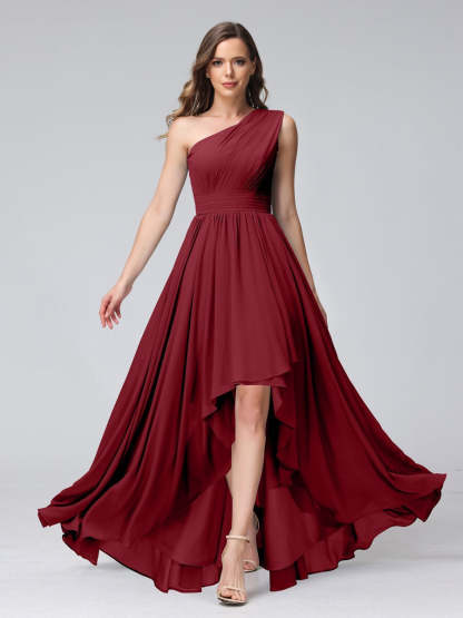One-Shoulder Asymmetrical A-Line Princess Bridesmaid Dresses with Pockets, Sleeveless
