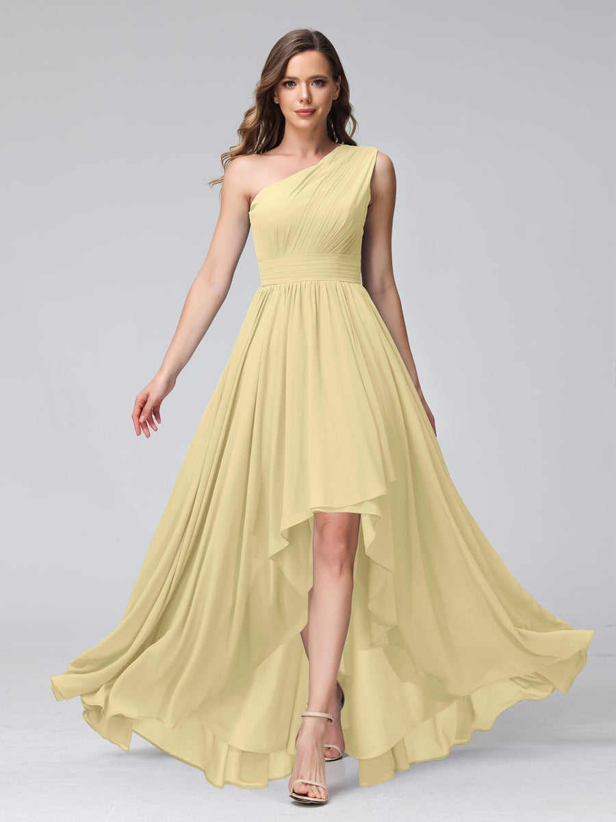 One-Shoulder Asymmetrical A-Line Princess Bridesmaid Dresses with Pockets, Sleeveless