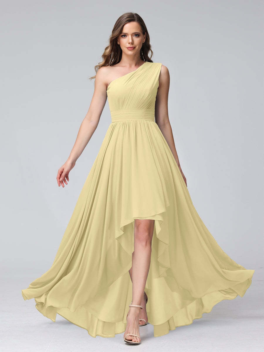 One-Shoulder Asymmetrical A-Line Princess Bridesmaid Dresses with Pockets, Sleeveless