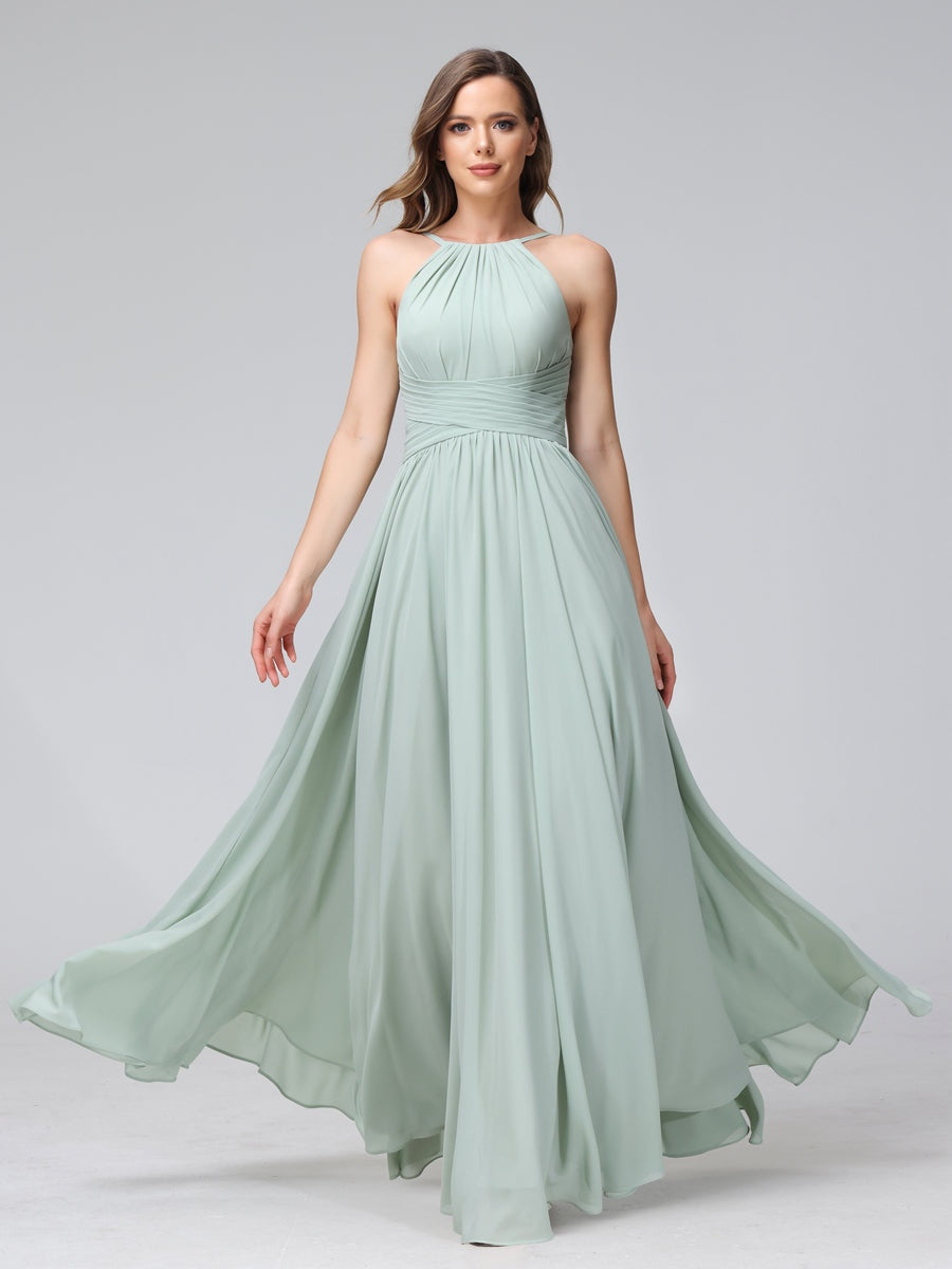Floor-Length Halter Sleeveless A-Line/Princess Bridesmaid Dresses with Ruffles