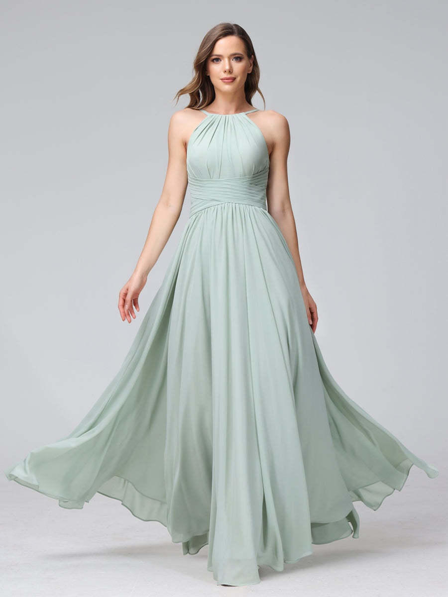 Floor-Length Halter Sleeveless A-Line/Princess Bridesmaid Dresses with Ruffles