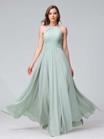 Floor-Length Halter Sleeveless A-Line/Princess Bridesmaid Dresses with Ruffles