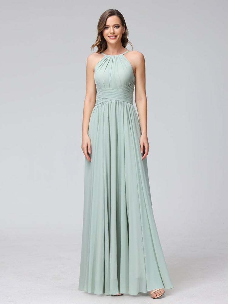 Floor-Length Halter Sleeveless A-Line/Princess Bridesmaid Dresses with Ruffles