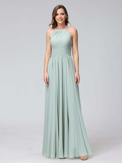 Floor-Length Halter Sleeveless A-Line/Princess Bridesmaid Dresses with Ruffles