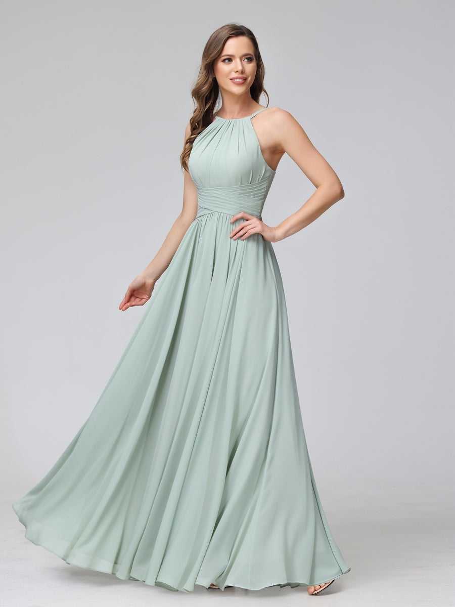 Floor-Length Halter Sleeveless A-Line/Princess Bridesmaid Dresses with Ruffles