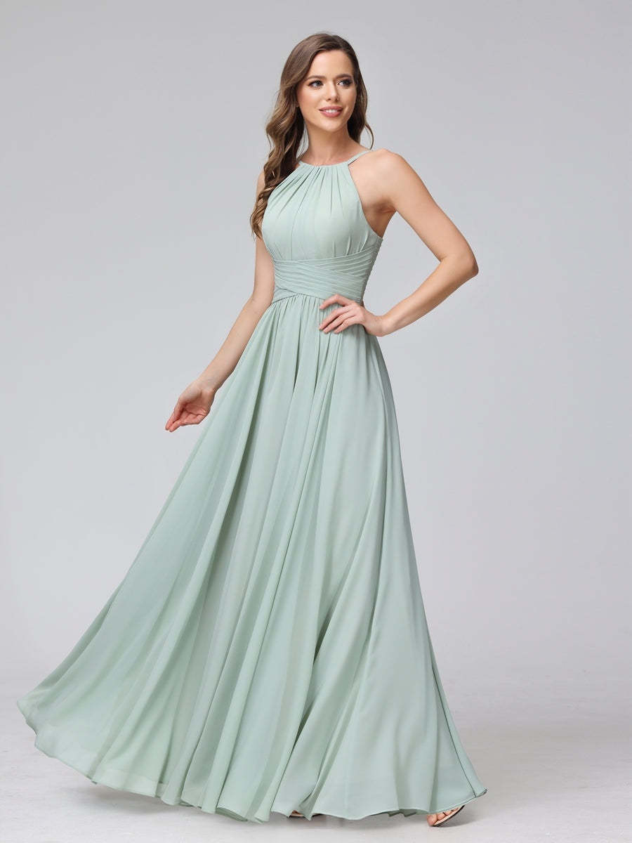 Floor-Length Halter Sleeveless A-Line/Princess Bridesmaid Dresses with Ruffles