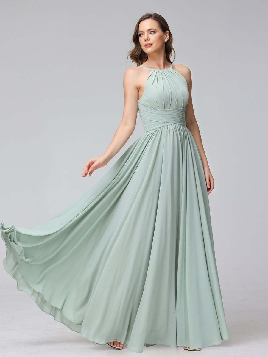 Floor-Length Halter Sleeveless A-Line/Princess Bridesmaid Dresses with Ruffles