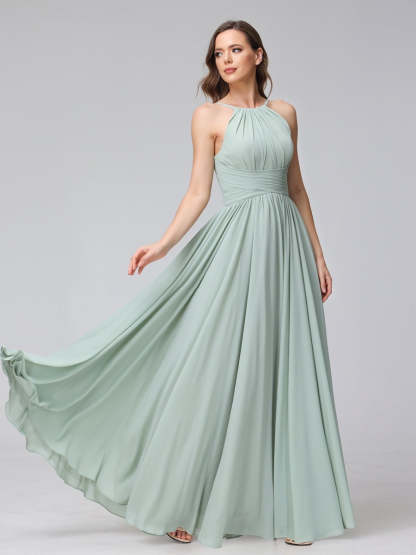 Floor-Length Halter Sleeveless A-Line/Princess Bridesmaid Dresses with Ruffles