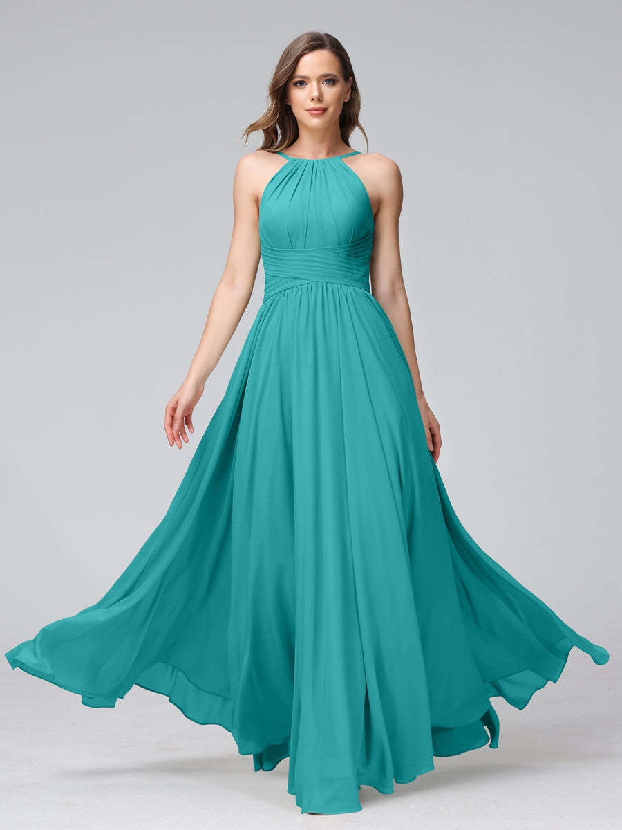 Floor-Length Halter Sleeveless A-Line/Princess Bridesmaid Dresses with Ruffles