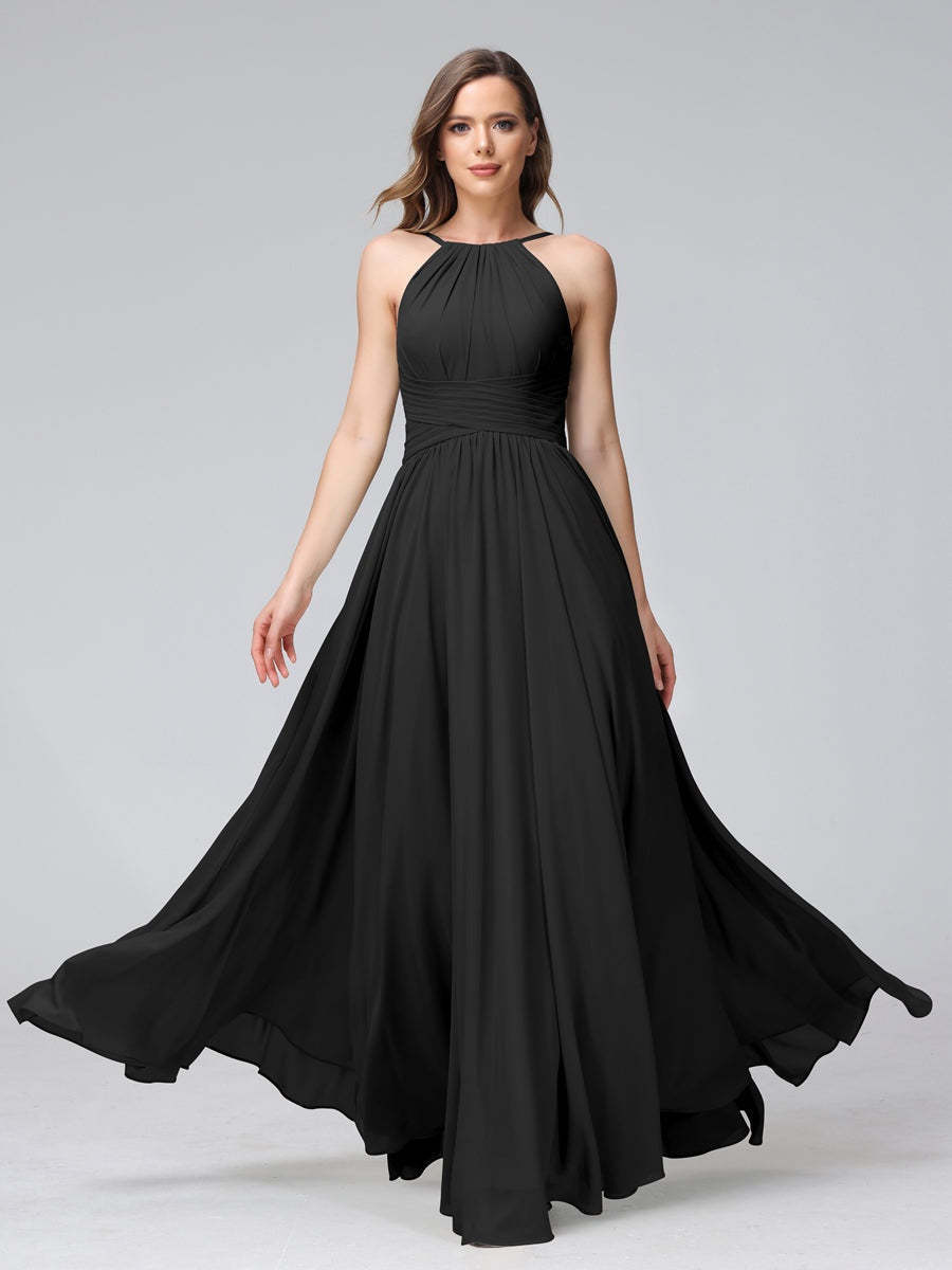 Floor-Length Halter Sleeveless A-Line/Princess Bridesmaid Dresses with Ruffles