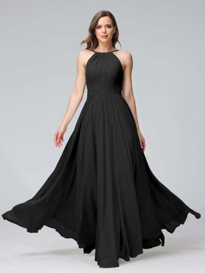 Floor-Length Halter Sleeveless A-Line/Princess Bridesmaid Dresses with Ruffles