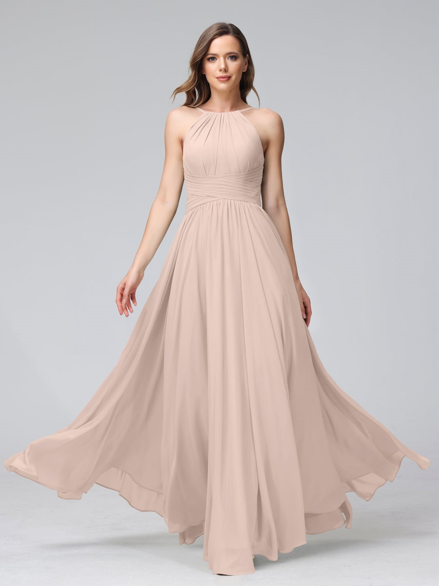 Floor-Length Halter Sleeveless A-Line/Princess Bridesmaid Dresses with Ruffles