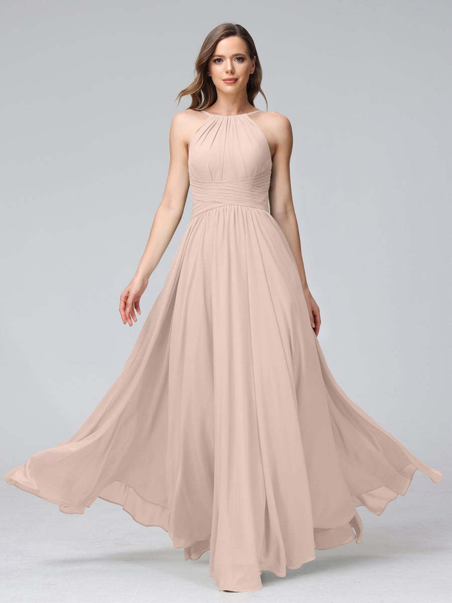 Floor-Length Halter Sleeveless A-Line/Princess Bridesmaid Dresses with Ruffles