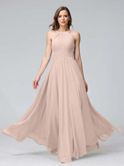 Floor-Length Halter Sleeveless A-Line/Princess Bridesmaid Dresses with Ruffles