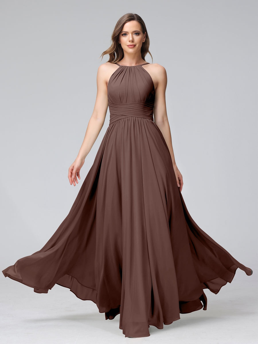 Floor-Length Halter Sleeveless A-Line/Princess Bridesmaid Dresses with Ruffles