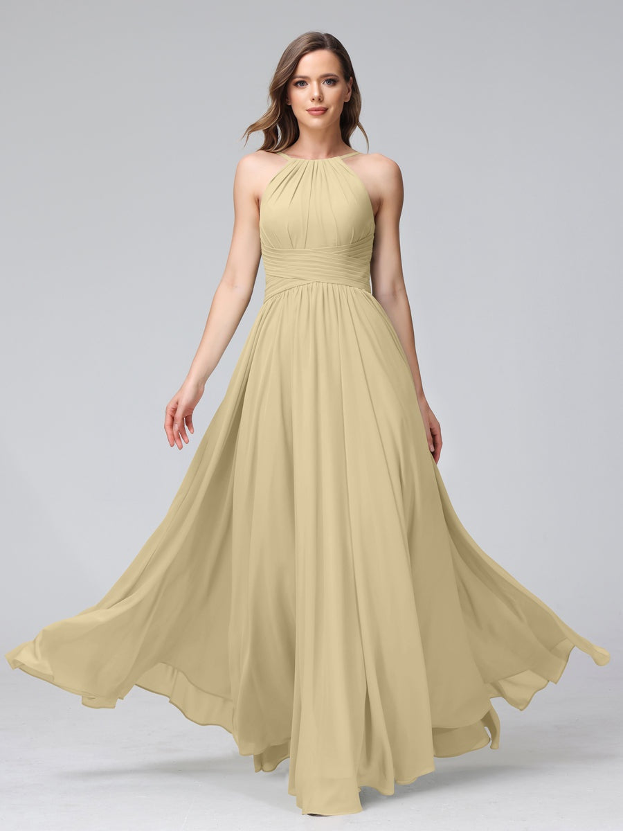 Floor-Length Halter Sleeveless A-Line/Princess Bridesmaid Dresses with Ruffles