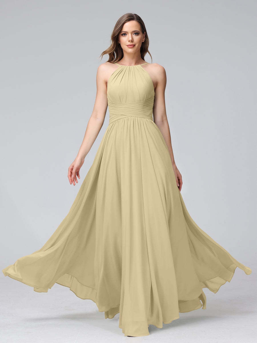 Floor-Length Halter Sleeveless A-Line/Princess Bridesmaid Dresses with Ruffles