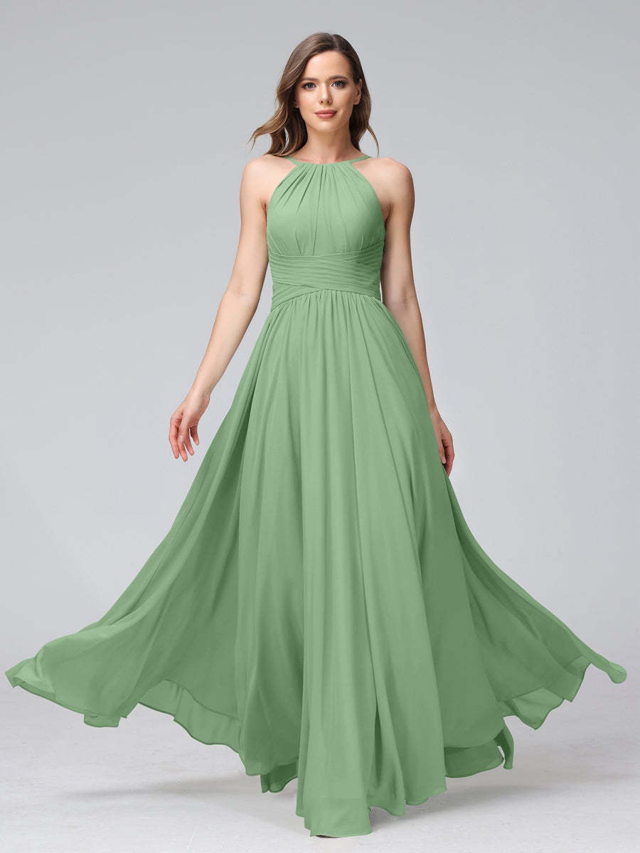 Floor-Length Halter Sleeveless A-Line/Princess Bridesmaid Dresses with Ruffles