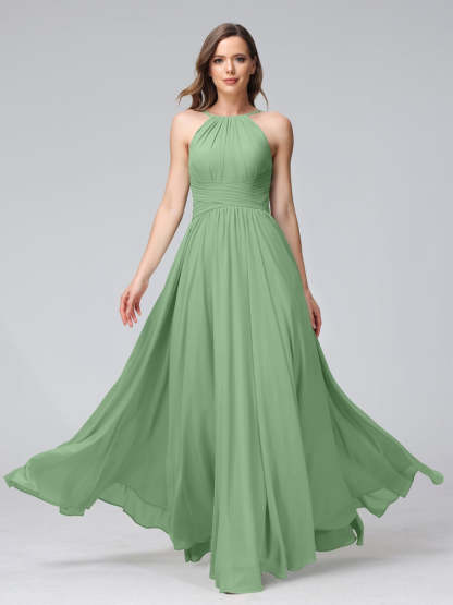 Floor-Length Halter Sleeveless A-Line/Princess Bridesmaid Dresses with Ruffles