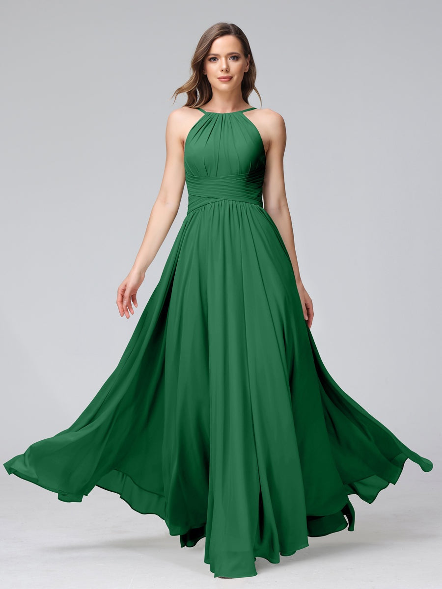 Floor-Length Halter Sleeveless A-Line/Princess Bridesmaid Dresses with Ruffles