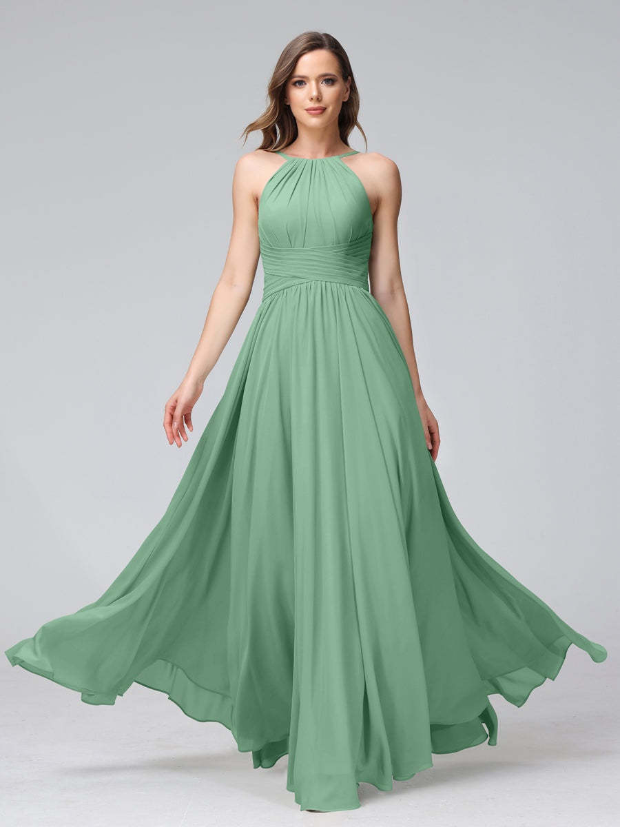 Floor-Length Halter Sleeveless A-Line/Princess Bridesmaid Dresses with Ruffles