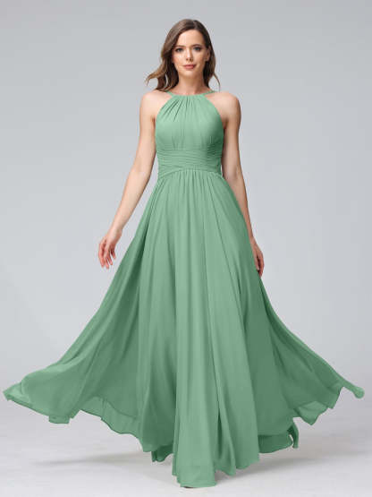Floor-Length Halter Sleeveless A-Line/Princess Bridesmaid Dresses with Ruffles