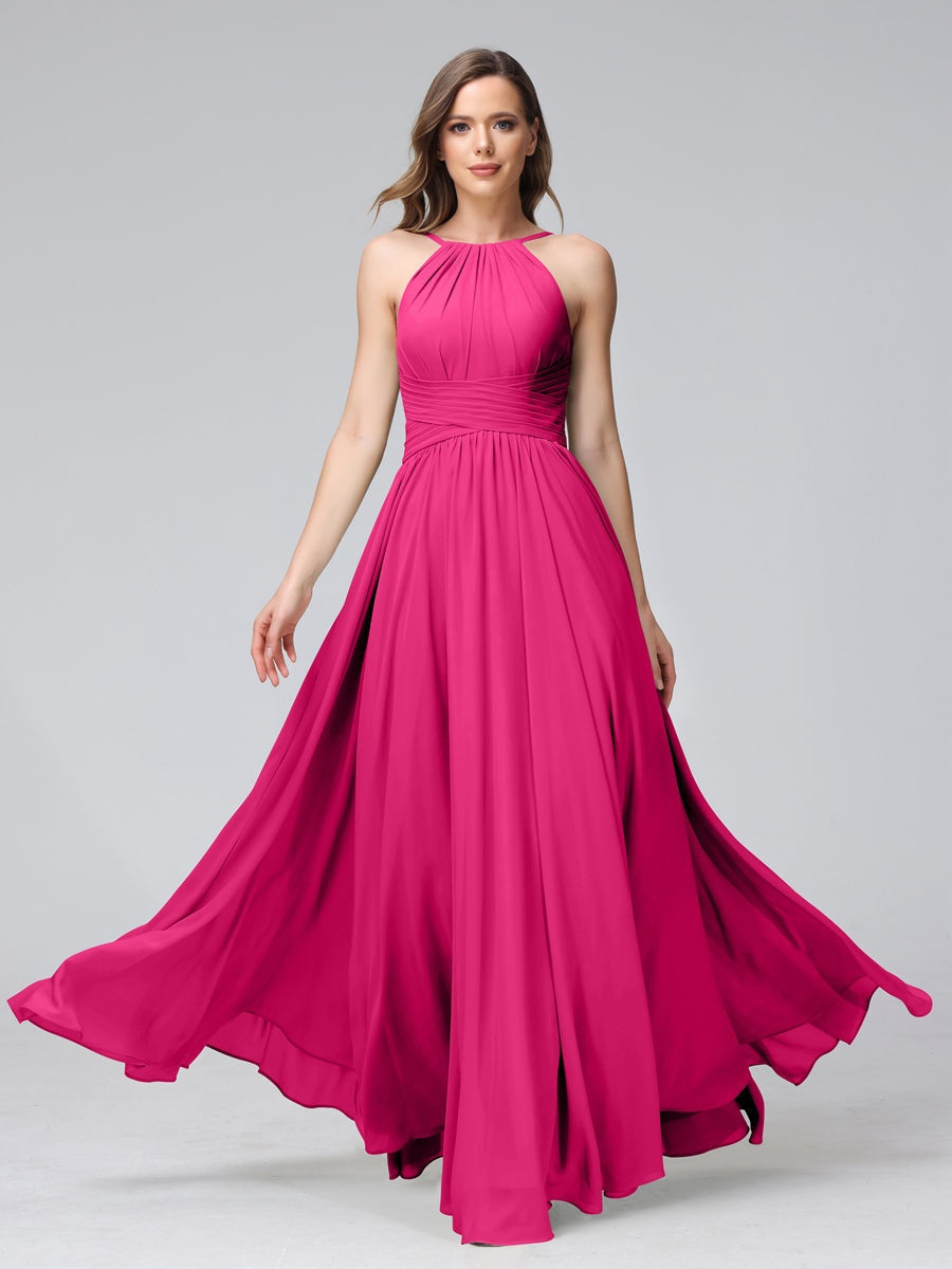 Floor-Length Halter Sleeveless A-Line/Princess Bridesmaid Dresses with Ruffles