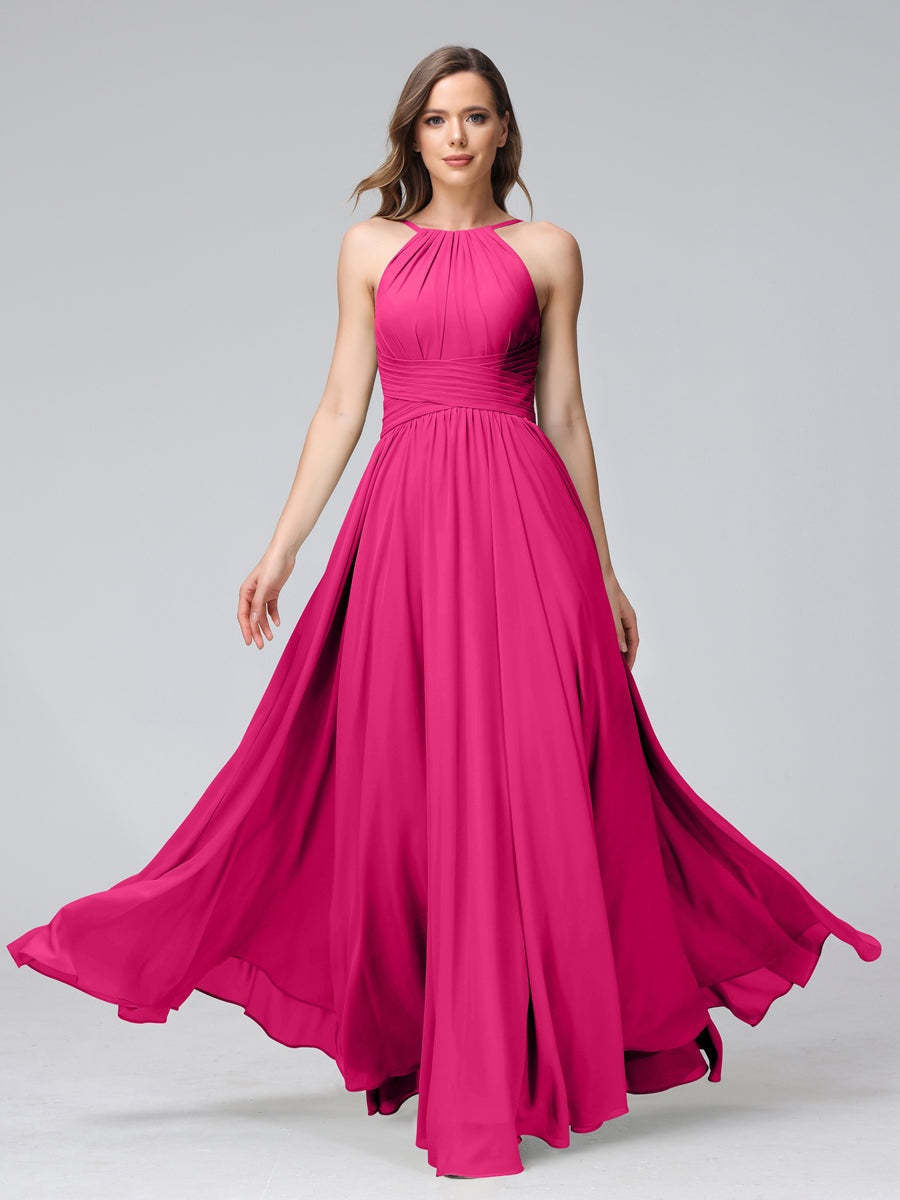 Floor-Length Halter Sleeveless A-Line/Princess Bridesmaid Dresses with Ruffles