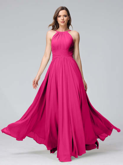 Floor-Length Halter Sleeveless A-Line/Princess Bridesmaid Dresses with Ruffles