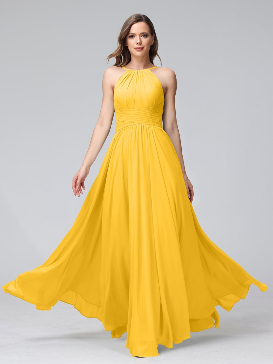 Floor-Length Halter Sleeveless A-Line/Princess Bridesmaid Dresses with Ruffles