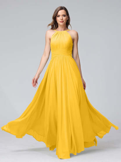 Floor-Length Halter Sleeveless A-Line/Princess Bridesmaid Dresses with Ruffles