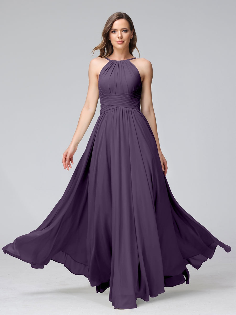 Floor-Length Halter Sleeveless A-Line/Princess Bridesmaid Dresses with Ruffles