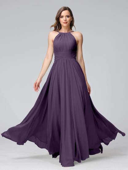 Floor-Length Halter Sleeveless A-Line/Princess Bridesmaid Dresses with Ruffles