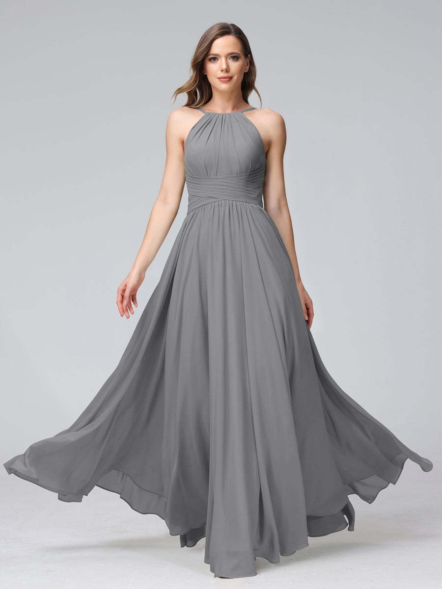 Floor-Length Halter Sleeveless A-Line/Princess Bridesmaid Dresses with Ruffles