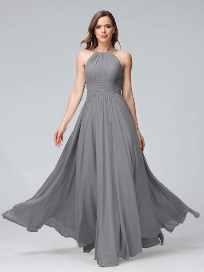 Floor-Length Halter Sleeveless A-Line/Princess Bridesmaid Dresses with Ruffles