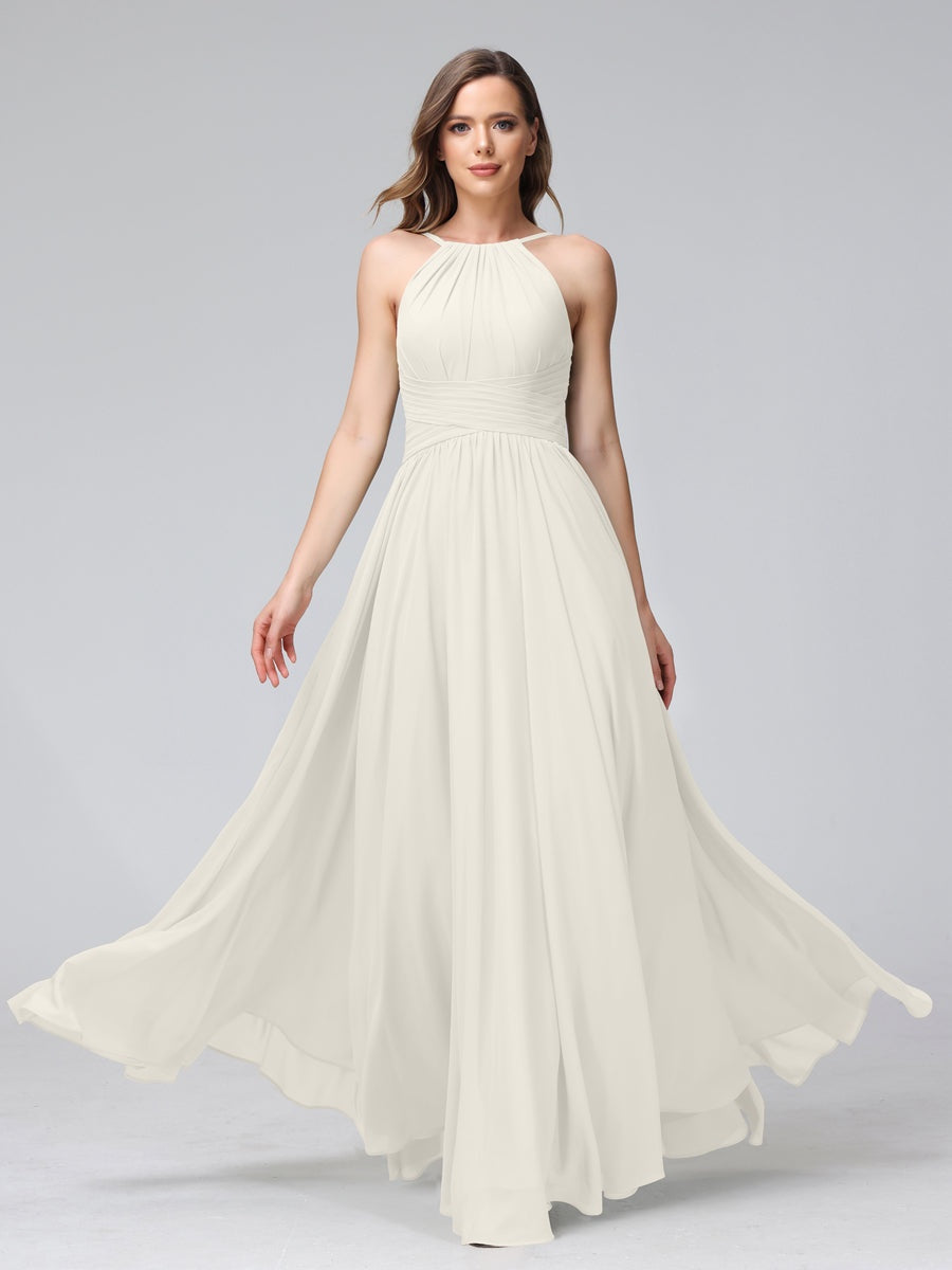 Floor-Length Halter Sleeveless A-Line/Princess Bridesmaid Dresses with Ruffles