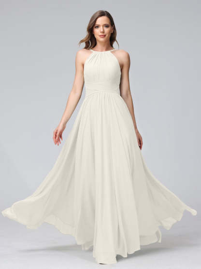 Floor-Length Halter Sleeveless A-Line/Princess Bridesmaid Dresses with Ruffles