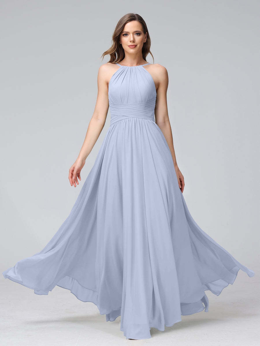 Floor-Length Halter Sleeveless A-Line/Princess Bridesmaid Dresses with Ruffles