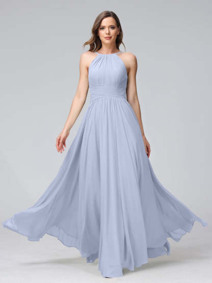 Floor-Length Halter Sleeveless A-Line/Princess Bridesmaid Dresses with Ruffles