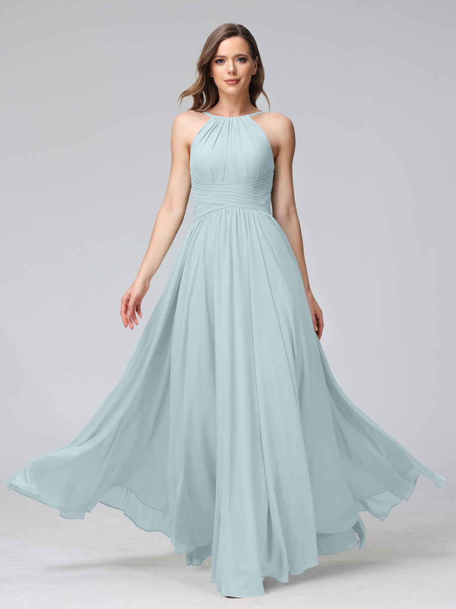 Floor-Length Halter Sleeveless A-Line/Princess Bridesmaid Dresses with Ruffles