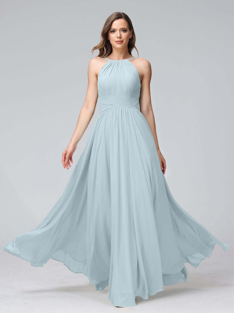 Floor-Length Halter Sleeveless A-Line/Princess Bridesmaid Dresses with Ruffles